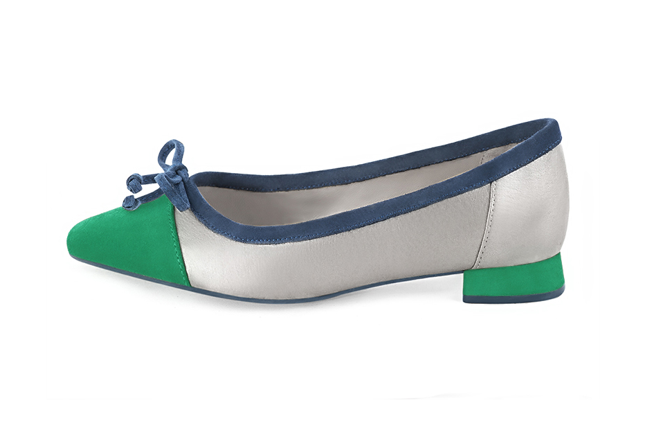 Emerald green, light silver and denim blue women's ballet pumps, with low heels. Square toe. Flat flare heels. Profile view - Florence KOOIJMAN